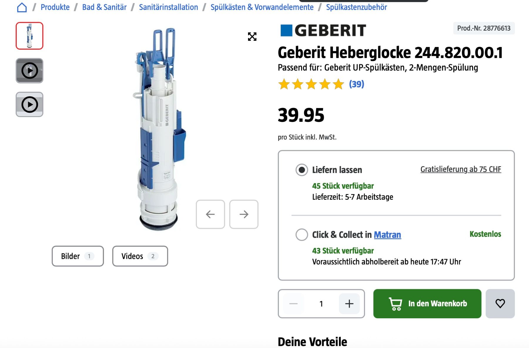 Geberit WC: Geberit Heberglocke 244.820.00.1 – Nuovo (secondo la descrizione) da Bienne venduto da Daniel_Schader