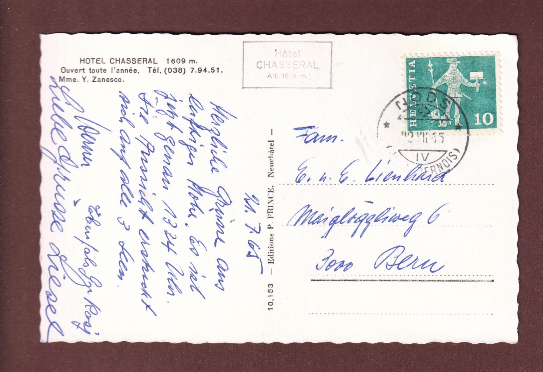 Cartoline postali: Hotel CHASSERAL - 1965 – Usato da Pully venduto da nicecards-shop 1