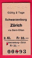 KARTON BILLETT, SCHWARZENBURG - ZÜRICH, 2.KLASSE, EINFACH