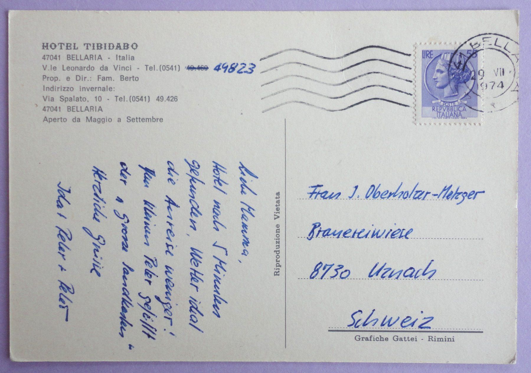 Cartoline postali: Hotel Tibidabo - Bellaria – Usato da Fétigny venduto da Billy2miny 1