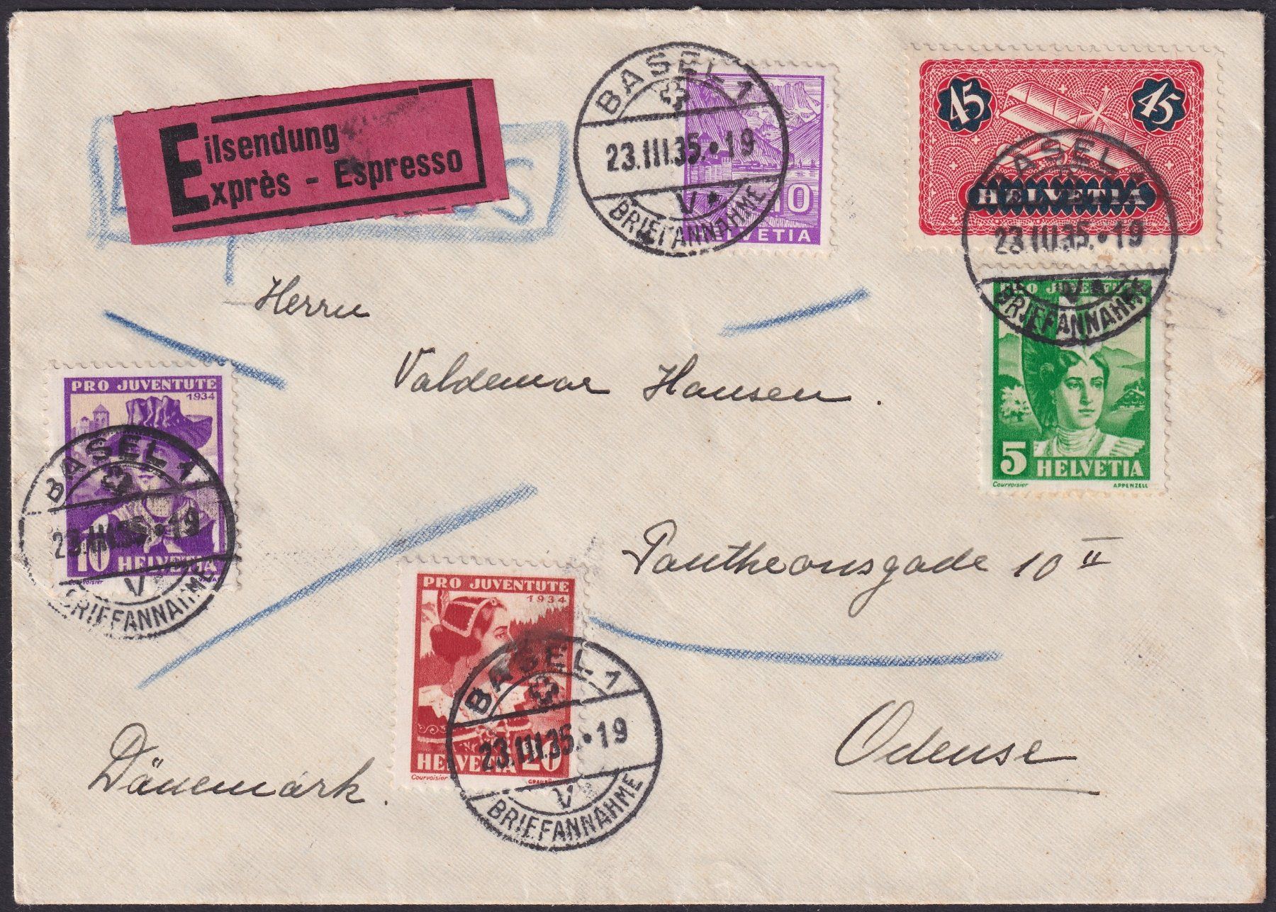 Tutti i francobolli: 1935, Flugbrief nach Dänemark (ODEUSE) +EXPRESS – Usato da Sursee venduto da Luzernerraute 1