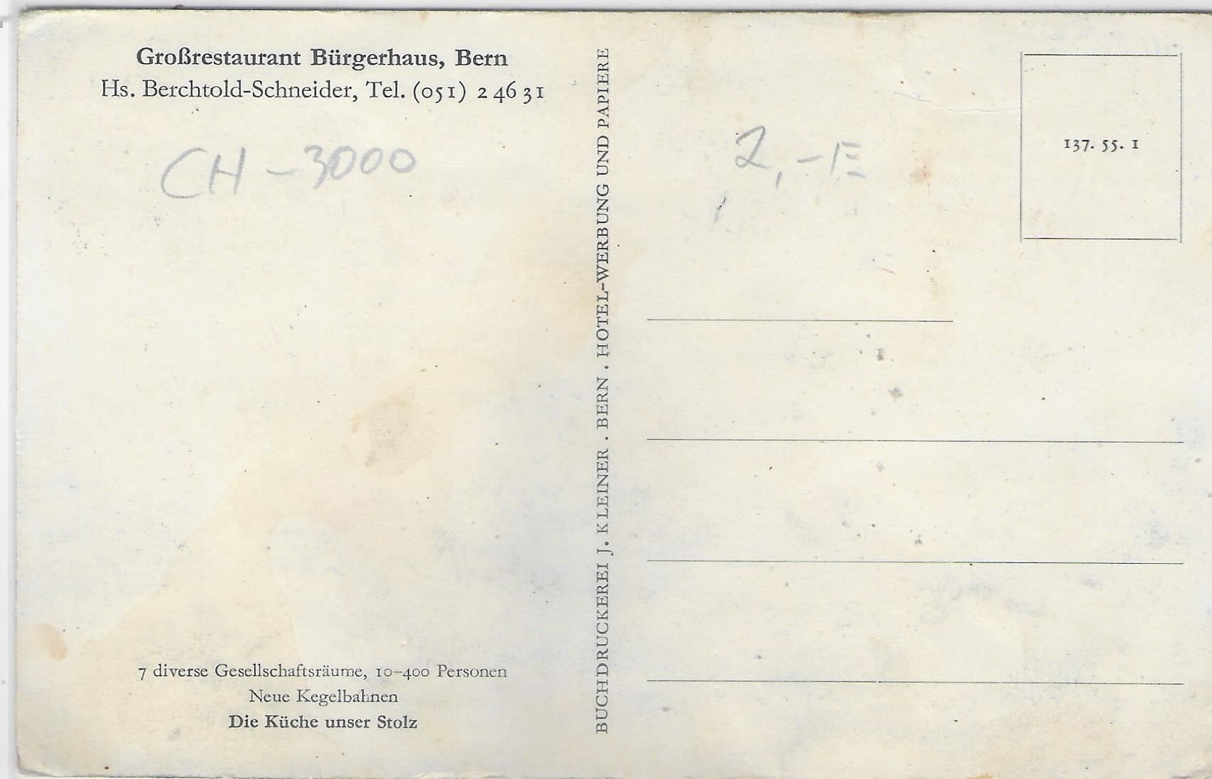 Cartes postales: Grossrestaurant Bürgerhaus - Bern – D'occasion à Ettingen par Kartenplanet 1