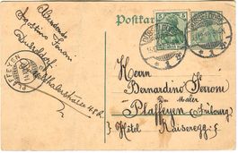 Germania 2×5 Pf. Düsseldorf 1912 → Plaffeyen Fribourg