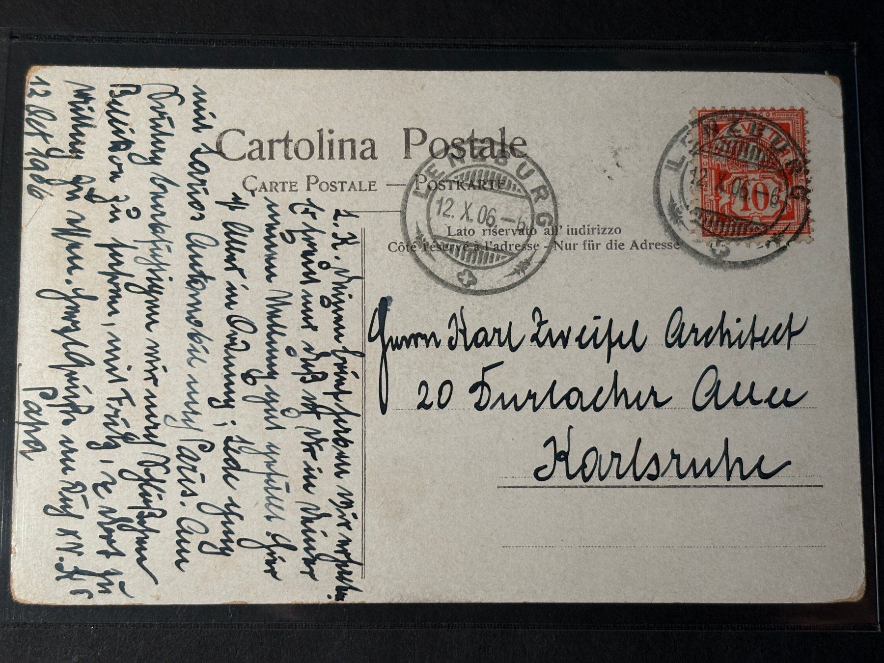 Cartoline postali: Ansichtskarte von Locarno 1906 nach Karlsruhe – Usato da Basel venduto da Chloro 1