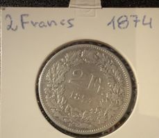 Monnaie Suisse 2 Francs 1874 Helvetia Argent 835 10g