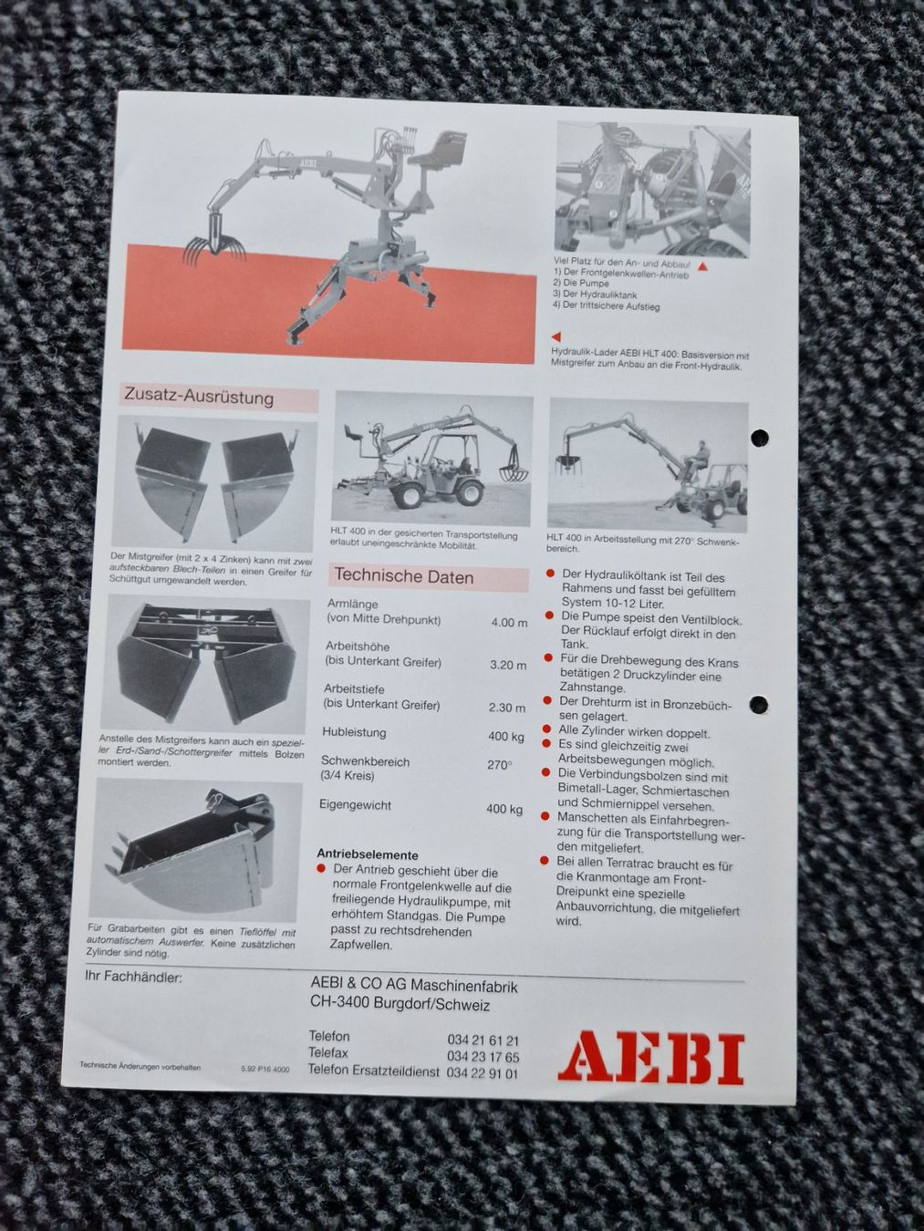 Aebi Trattori: Original Prospekt Aebi Hydraulik-Lader HLT400 Traktor – Usato da Dürnten venduto da Bachtel84 1
