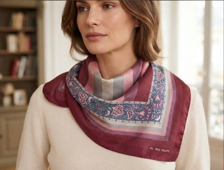 Foulard soie  m. me marc motif floral bordeaux 