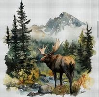 Kreuzstich-Handarbeit-Sticken-Elch-Wald-Bild-Deko- 30x30cm