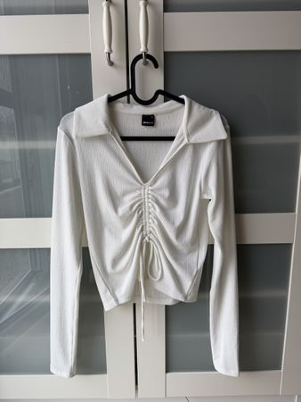 Gina Tricot White Collared Cinched Top - Long Sleeve - Size