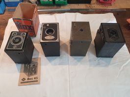 Vier Box Kameras, 2x Agfa, 1x Kodak, 1x Eho