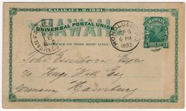 sehr seltene 3 Cent Postkarte von HAWAII nach HAMBURG (DE)