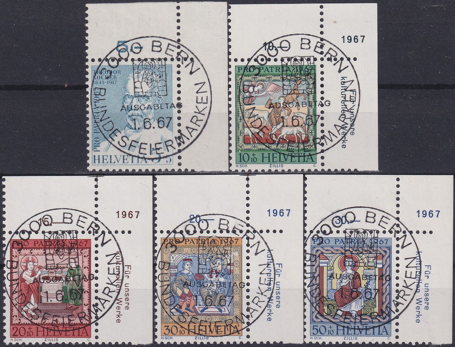 Tutti i francobolli: 1967, B133-B137 "Pro Patria" mit ET-Voll-Stempel +Ecktabs. – Usato da Sursee venduto da Luzernerraute