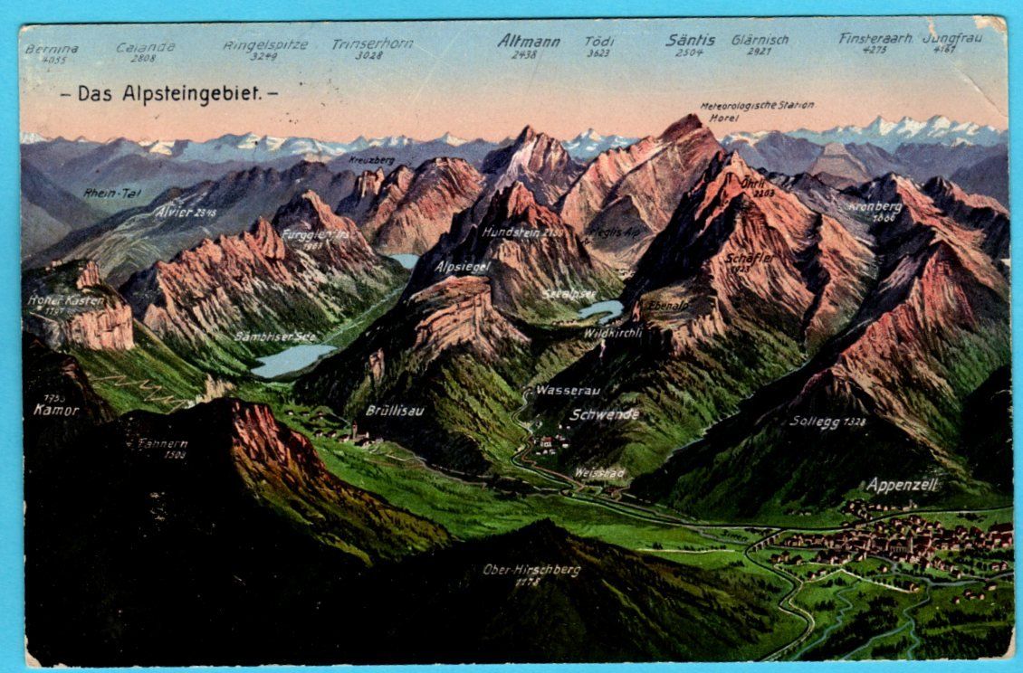 Cartoline postali: Alpsteingebiet 1913 koloriert – Usato da Zürich venduto da Sion2006