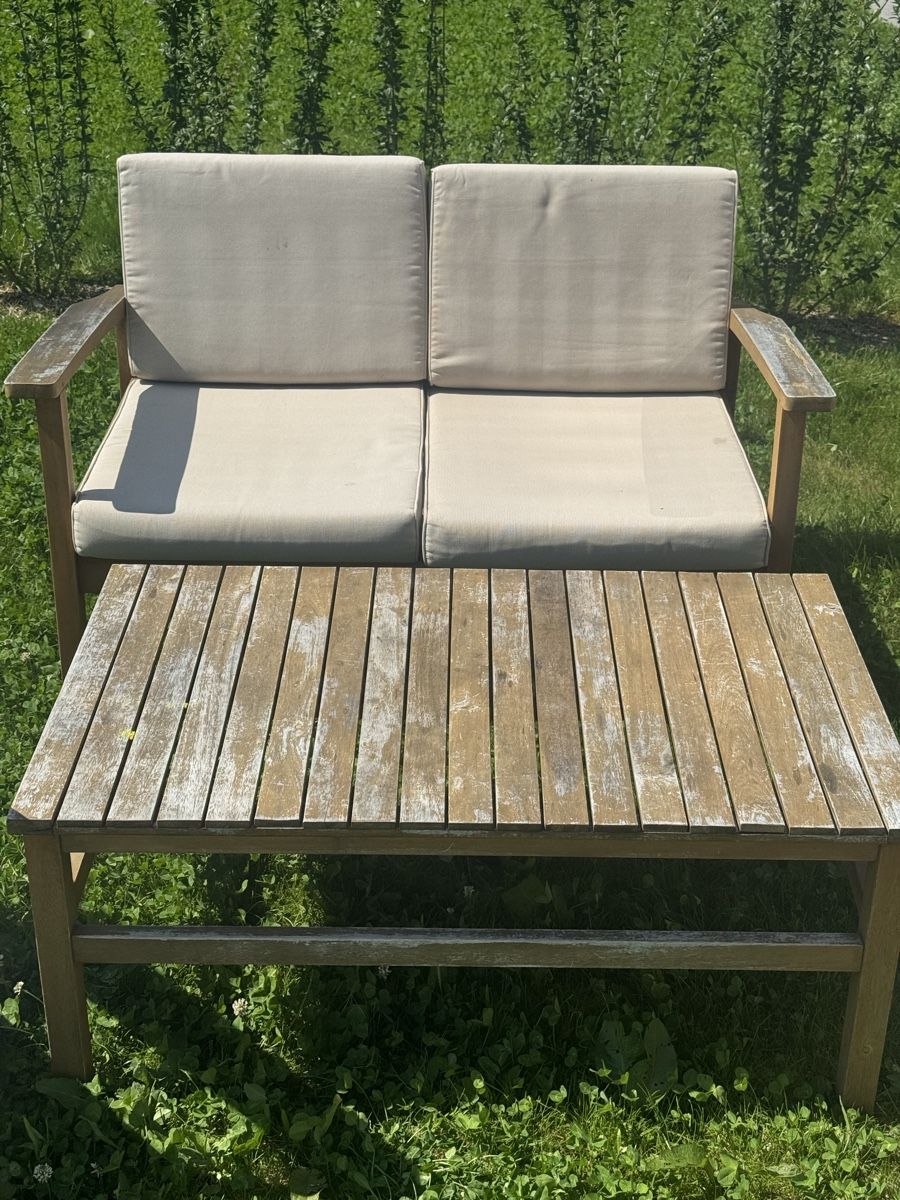 Set di tavolo e panche: Rustic Wooden Garden Set - Sofa, Chairs, Table, Footstool – Usato da Herrliberg venduto da ton_xgs8 1