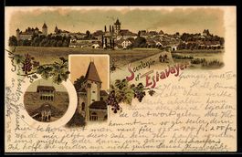 Lithographie Estavayer, Totalansicht des Ortes, Turm und Tor