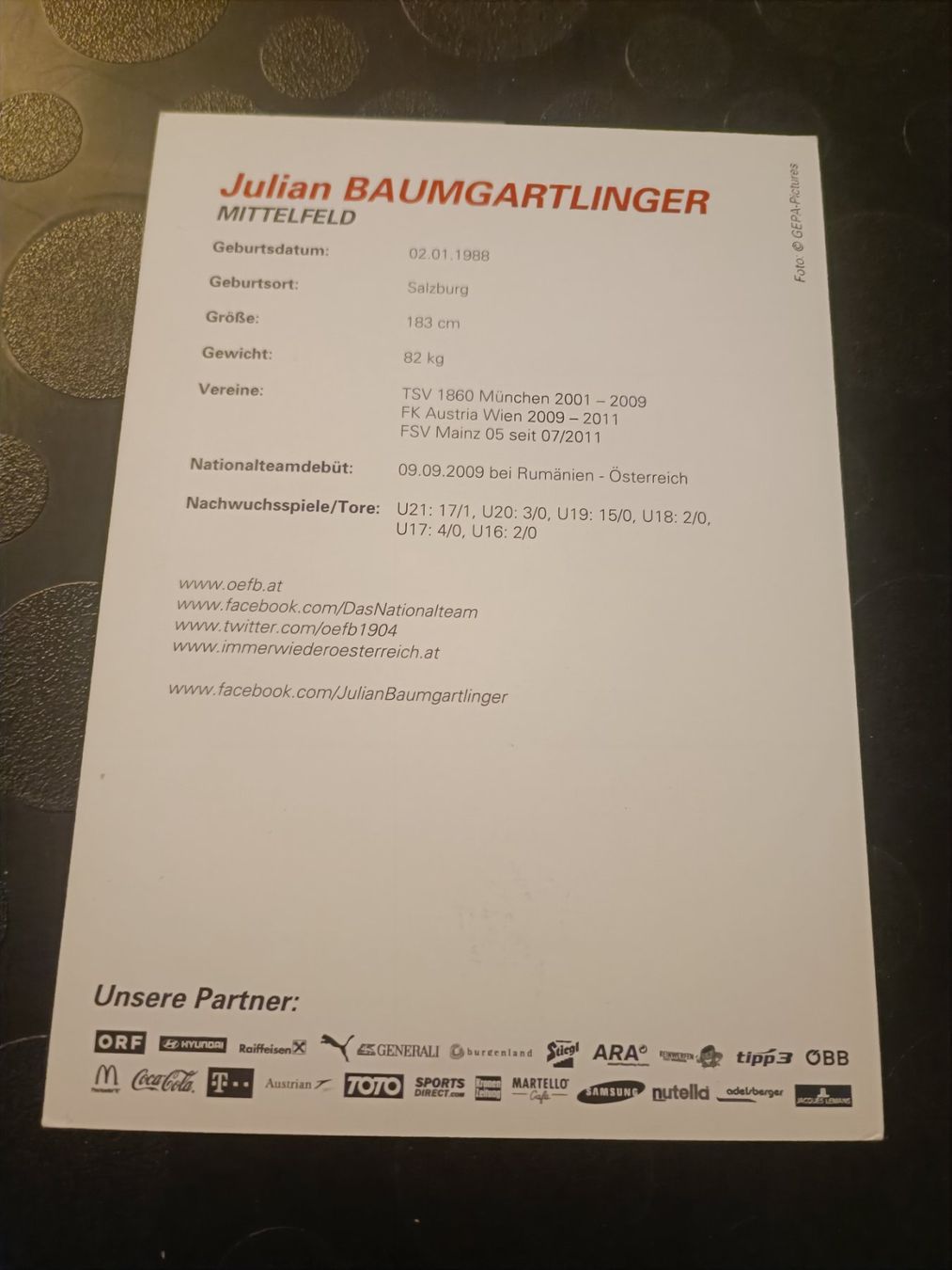 Autografi: Julian Baumgartlinger- handsig.  ÖFB Autogrammkarte von 2016 – Usato da Menziken venduto da Artographs 1