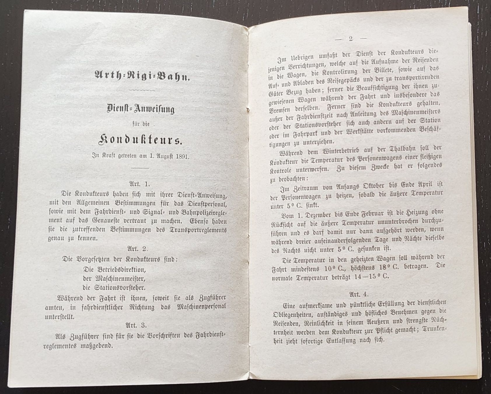 Documenti: ARB Rigi-Bahn Dienstreglement 1891 – Usato da Biberist venduto da Slick 6