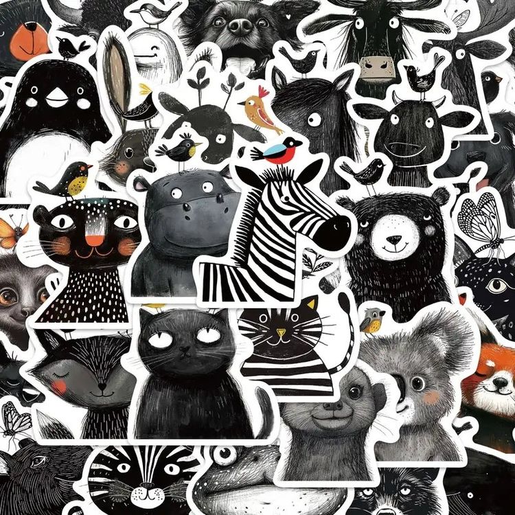 50 Stk. Sticker Aufkleber - Schwarze Minimalistische Tiere (Neu und ...
