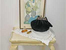 Abendtäschchen schwarz Plissee Petit Point VINTAGE 1950s