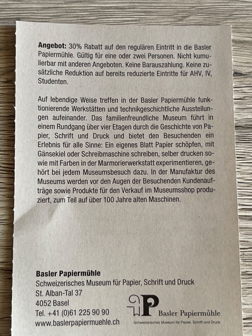 Buoni: Gutschein 30% auf den Eintritt Basler Papiermühle – Nuovo (secondo la descrizione) da Gelterkinden venduto da cobra0110 1