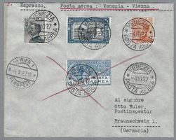 1927, FLUGBRIEF VENEZIA-DE MIT 5 L. SASS. 209 + PA4, SELTEN!