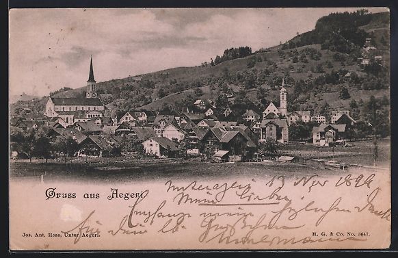 Cartoline postali: AK Aegeri, Ortspanorama mit Kirche, 1899 – Usato da Berlin venduto da bartko-reher