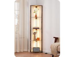 Eckregal Stehlampe LED, Holz Stehleuchte mit Glasregalen