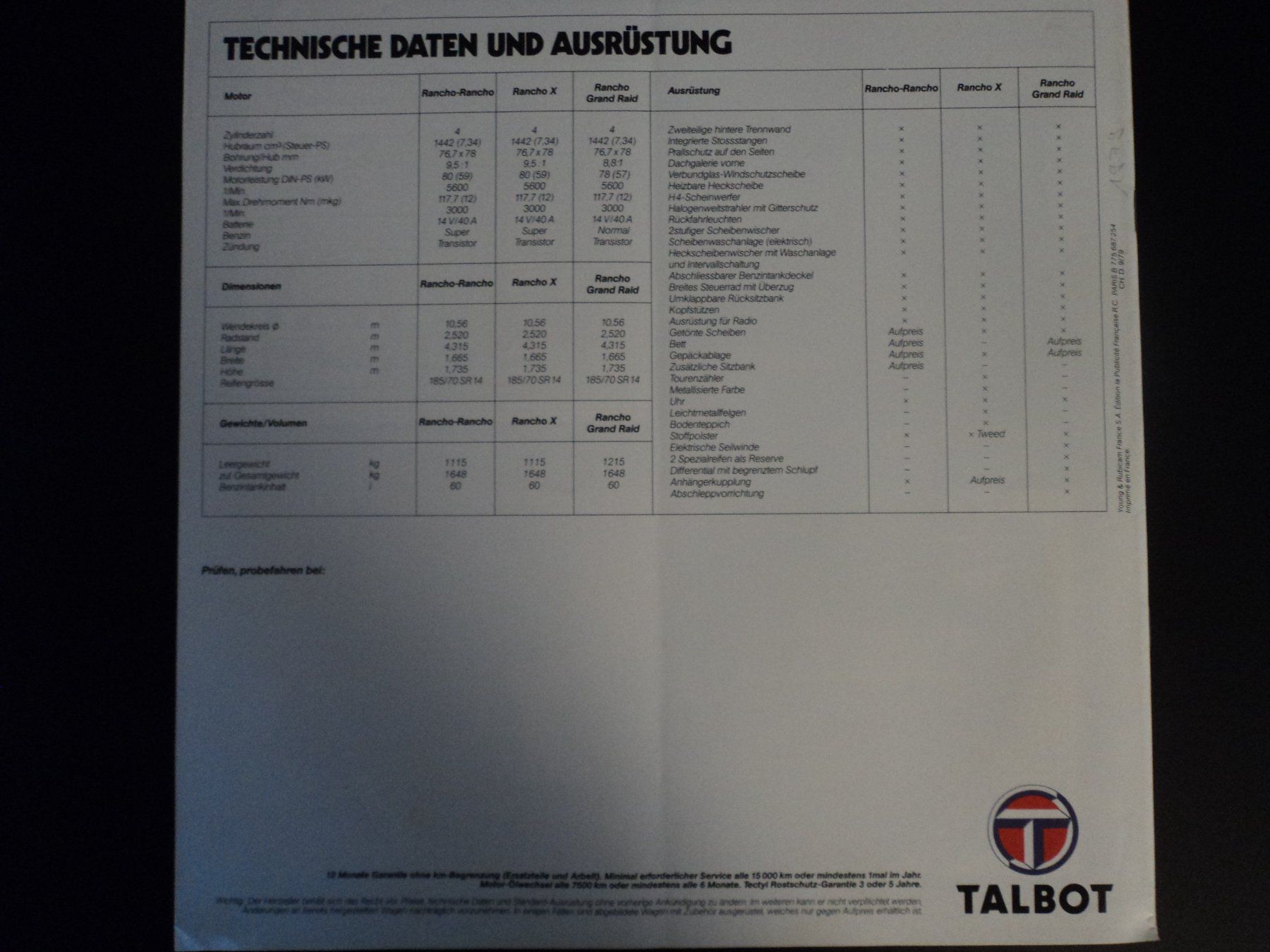 Talbot Documents: Prospekt Talbot Matra Rancho 1979 – D'occasion à Schwarzenburg par modelCARama 8