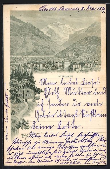 Cartoline postali: Litho Interlaken, Ortsansicht gegen die  – Usato da Berlin venduto da bartko-reher