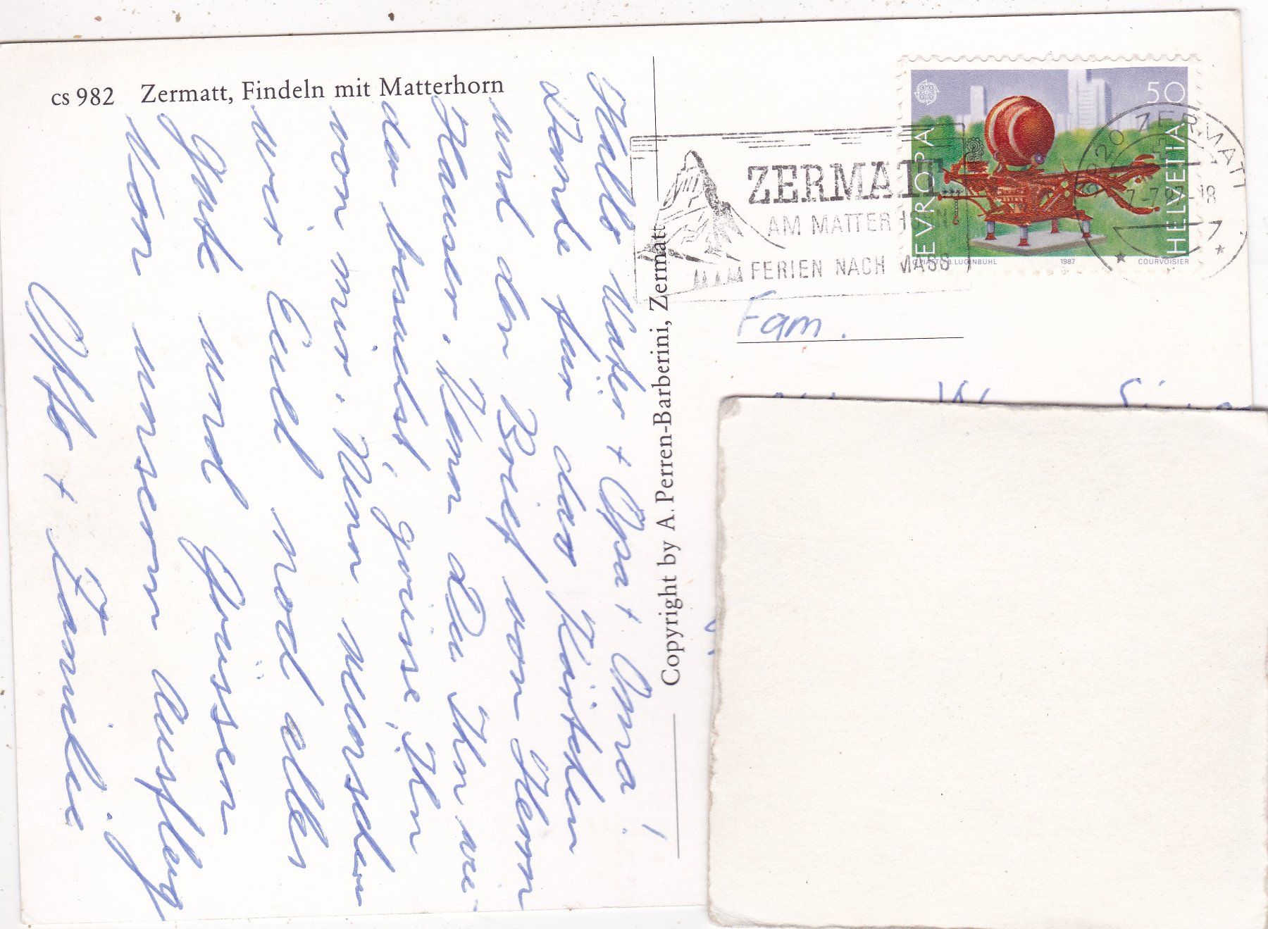 Ansichtskarten: Zermatt Findeln mit Matterhorn 1987 – Gebraucht aus Herisau von Lisegrat2008 1
