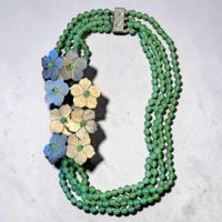 Collier vintage perles jade, fleurs nacre 4 rangs et argent