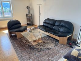 Sofa und Sessel Leder schwarz Eiche CH-Design guter Zustand