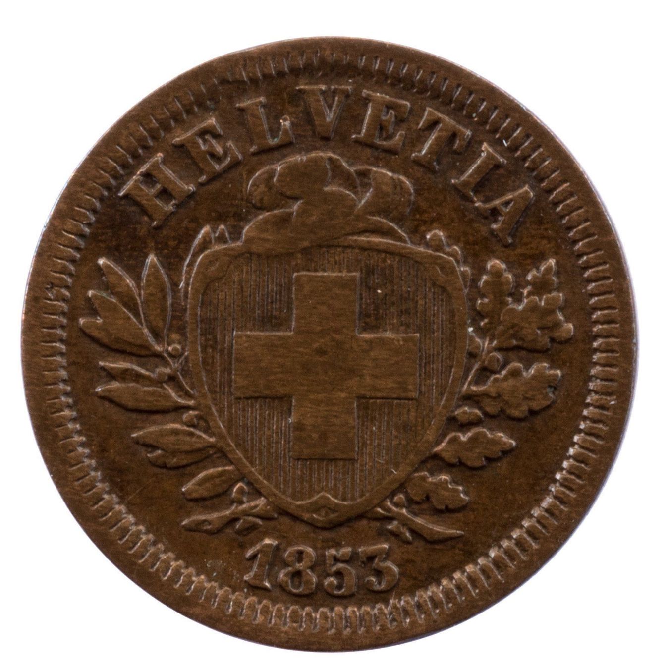 Tutti le monete: Schweiz / Suisse - 1 Rappen - 1853 - BR – Usato da Rotkreuz venduto da Swiss-Coins