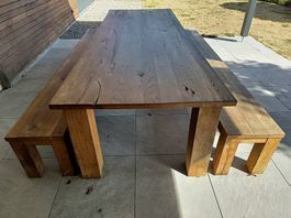 Tisch & Bänke Altholz Eiche massiv 300x110 / 290x40