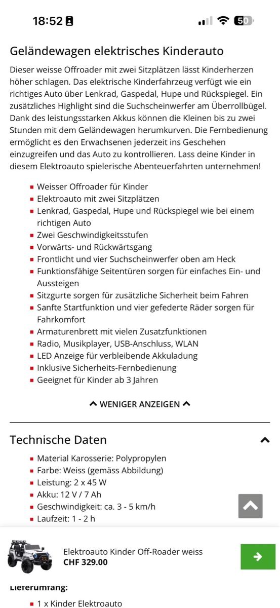 Véhicules pour enfants: Elektroauto Kinder Off-Roader weiss praktisch neuwertig – D'occasion à Buchs ZH par gofast17 6