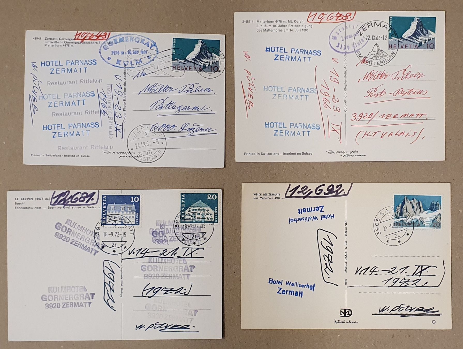 Ansichtskarten: 4 Ansichtskarte Zermatt - mit diversen Hotelstempel – Gebraucht aus Kreuzlingen von Rschweiz1 1