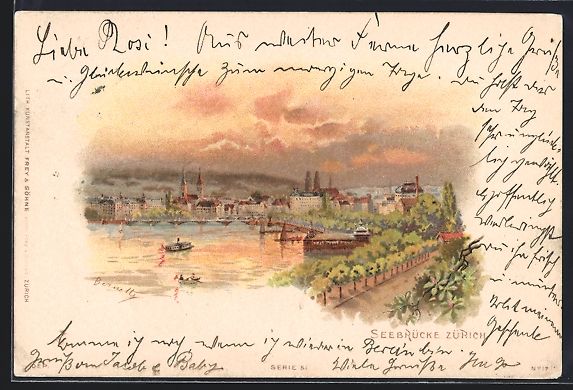 Cartoline postali: Lithographie Zürich, Seebrücke, Boote – Usato da Berlin venduto da bartko-reher