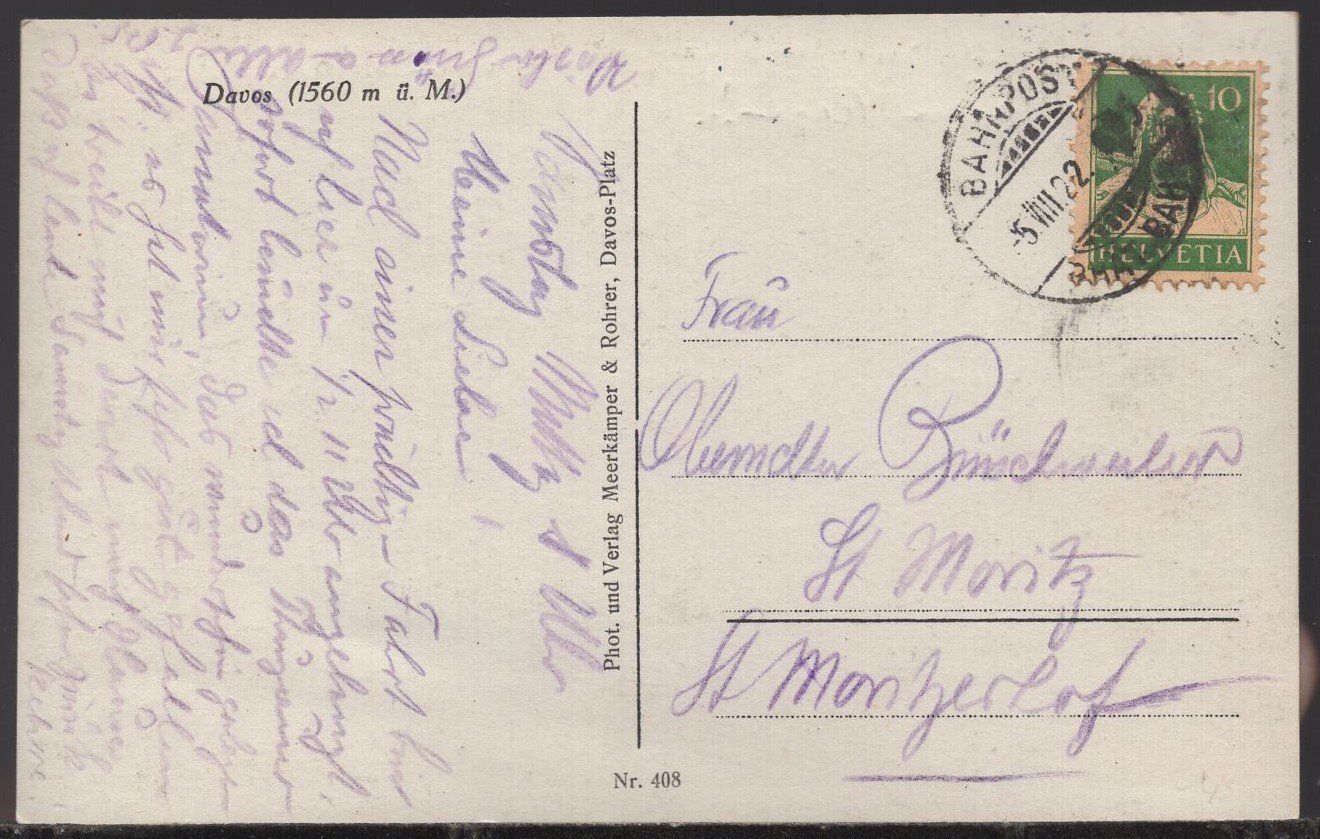 Cartoline postali: Davos   Luftbild  Bahnpost - RHÄT.-BAHN 1922 – Usato da Aarau venduto da kufi44 2