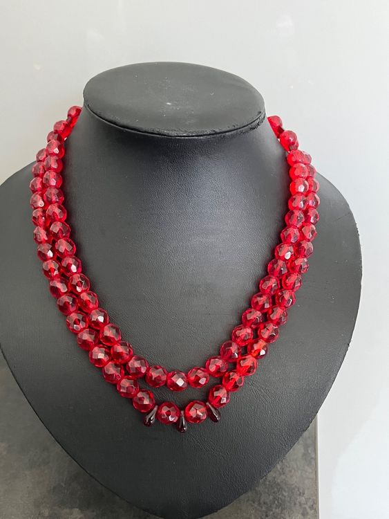 Collier Vintage émaillé Rouge - Pendentif Ancien - Très Bon état