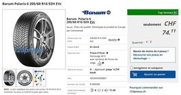 4 Pneus hiver BARUM 205 60 R16 NEUFS 2026, montage inclus