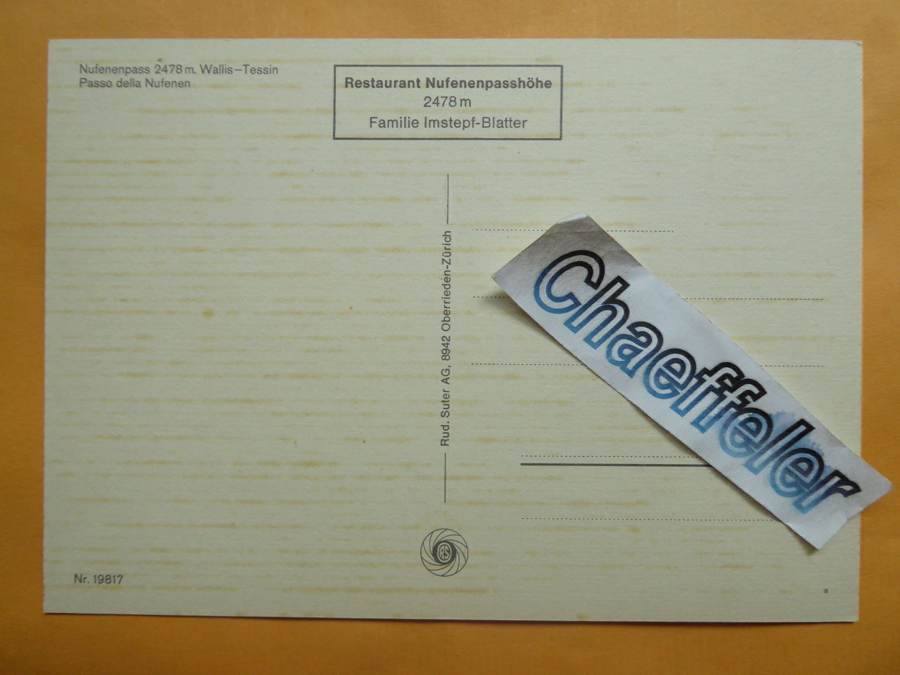 Cartoline postali: Nufenenpass,  Wallis - Tessin – Nuovo (secondo la descrizione) da Zürich venduto da Chaeffeler 1