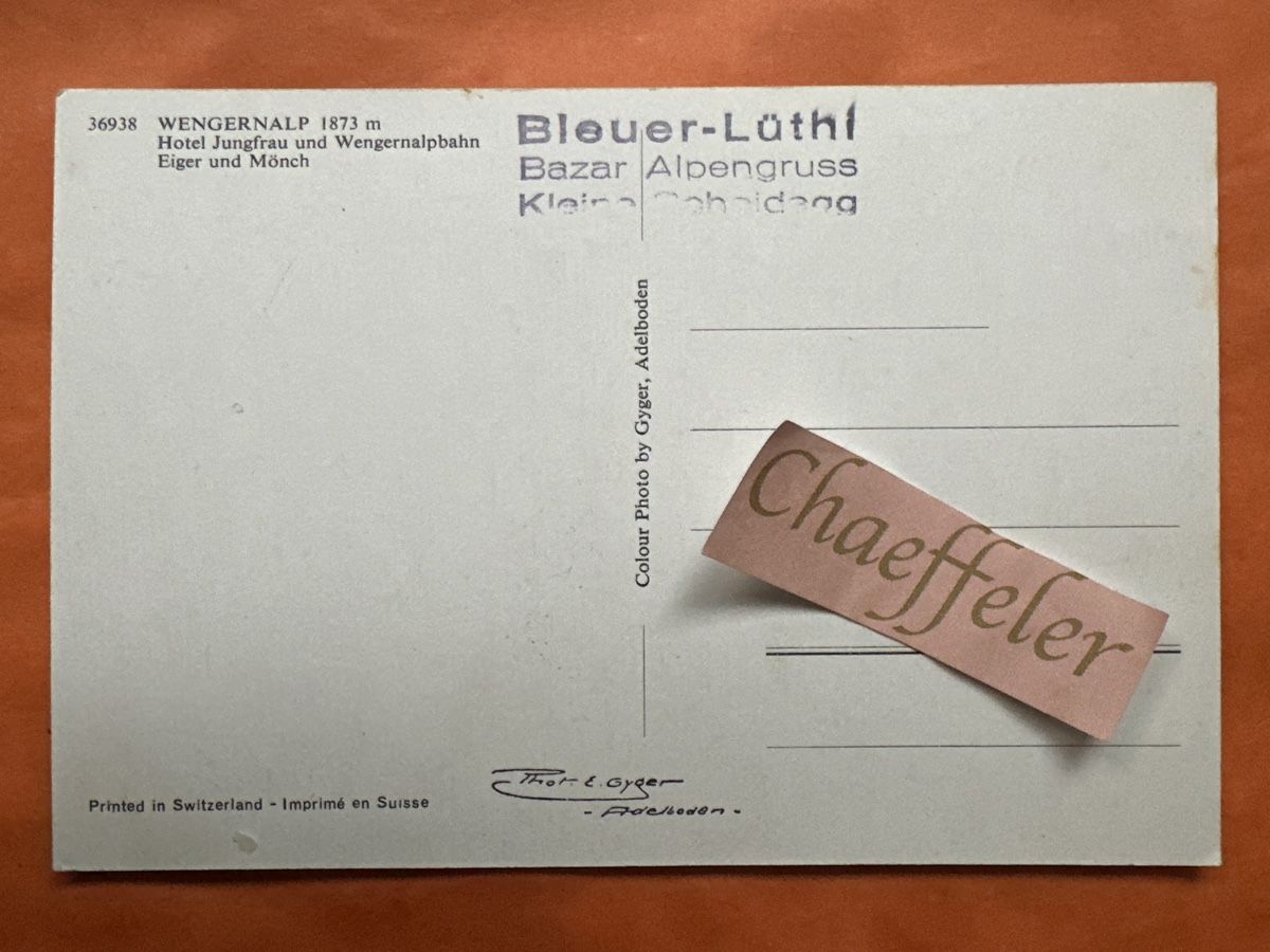 Cartoline postali: Wengernalp Bahn, hotel Jungfrau. Eiger Mönch Jungfrau – Usato da Zürich venduto da Chaeffeler 1