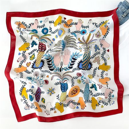 New 53cm Silk Scarf Hands Plants Print White and Deep Red