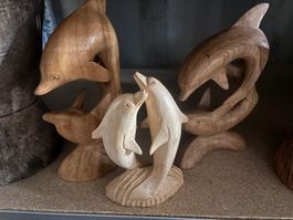 3 Holzdelfine handgeschnitzt Feng Shui