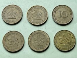 Deutschland - 6x 10 Pfennig 1971-1972-1973 alle verschieden