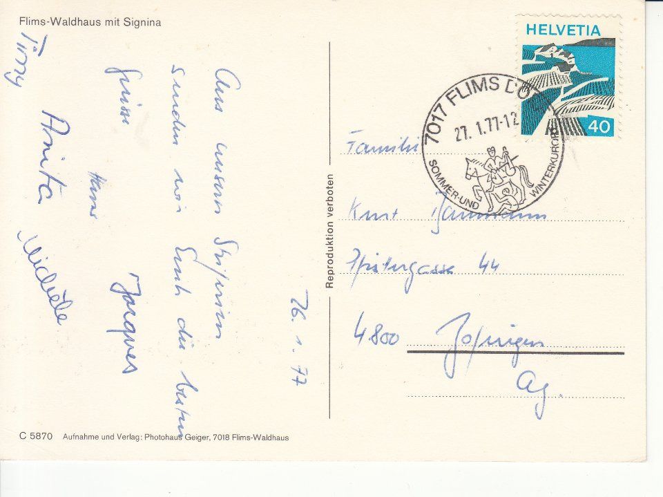 Cartoline postali: Flims-Waldhaus 1977 – Usato da Bürglen TG venduto da StampGraf 1