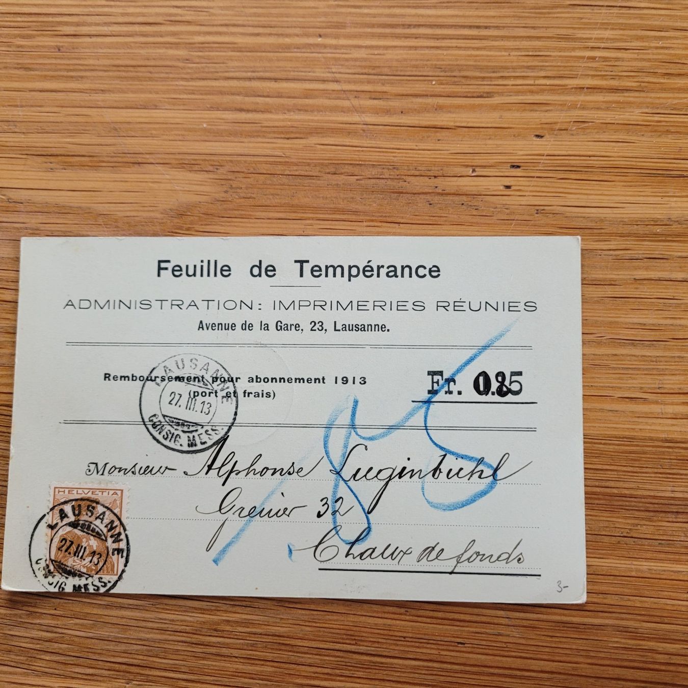 Tous les timbres: NN Feuille De Tempérance Lausanne 1913 CDF – D'occasion à Biel/Bienne par Destockweb