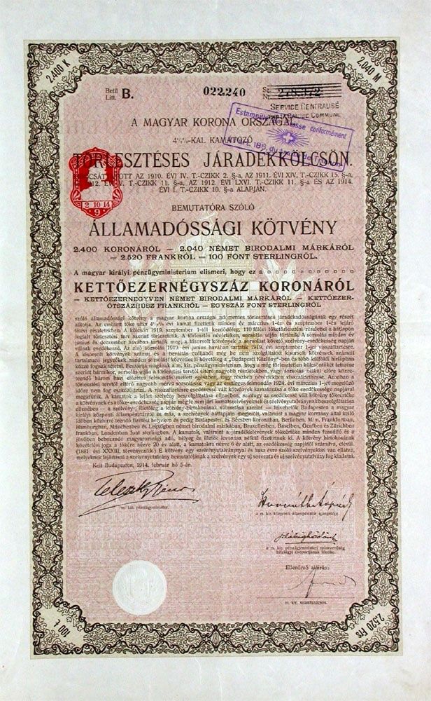 Documenti: 4,5% Königreich Ungarn, Budapest - 1914 – Usato da Solothurn venduto da Sgasche