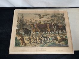 Antike Jagd-Lithographie, "Des Jägers Leichenzug", top