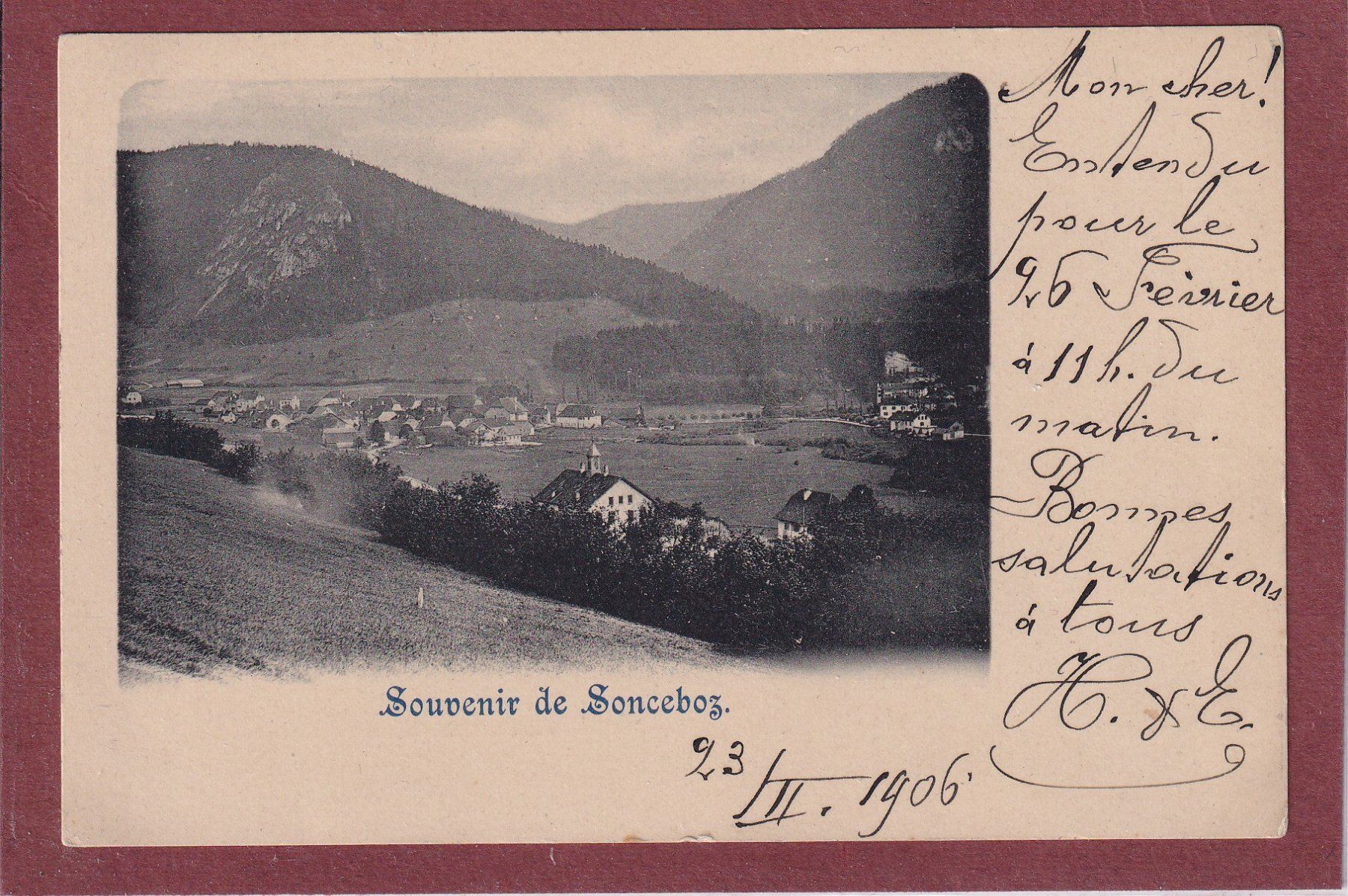 Ansichtskarten: Souvenir de Sonceboz - 1906 - Hans Denger – Gebraucht aus Orvin von Pyaeschli